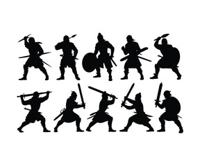 warriors with swords and shields silhouettes set