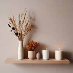 Natural Aesthetic Interior Styling with Ceramic Vases and Candles
