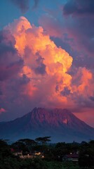Vibrant sunset hues illuminate a majestic mountain peak, partially obscured by dramatic, glowing clouds, with a small town visible in the foreground