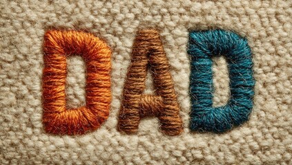 Embroidered "DAD" in yarn on beige textured fabric