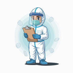 An illustrated cartoon character in protective gear checks records digitally using a clipboard, representing diligence and the importance of health documentation.