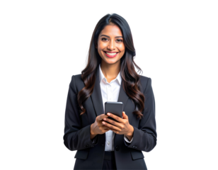 Young beautiful businesswoman holding a mobile phone and smiling warmly, isolated on transparent background