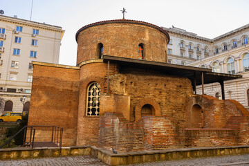Exterior view of Saint George Rotunda Church; an ancient red brick building in Sofia. Bulgaria