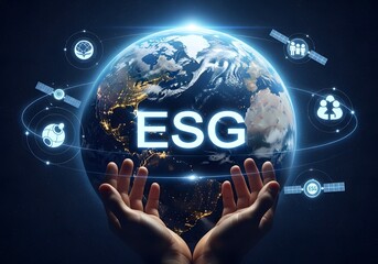Hands holding earth with esg and satellite icons representing global sustainability