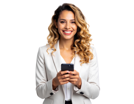 Young beautiful businesswoman holding a mobile phone and smiling warmly, isolated on transparent background