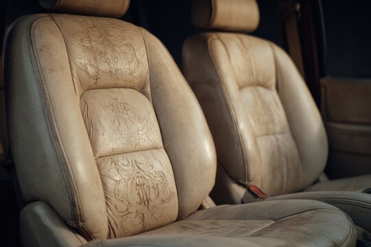 Fototapeta Vintage car seats, cream leather, ornate design