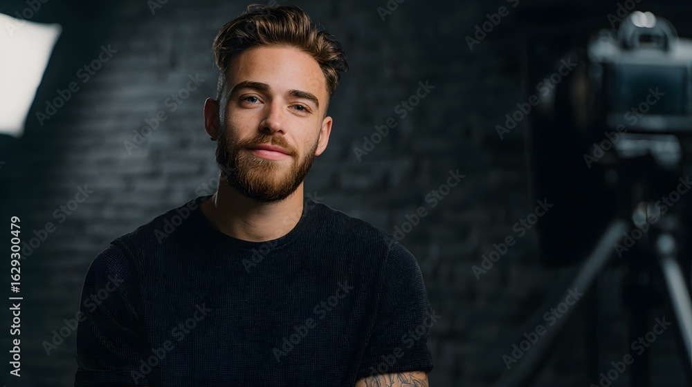 Poster a content creator filming a product review in a studio setting long title a focused and experienced 