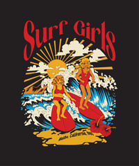 Vintage Surf Girls T-Shirt Design – Malibu California 1980 Retro Wave Vector Illustration Stock