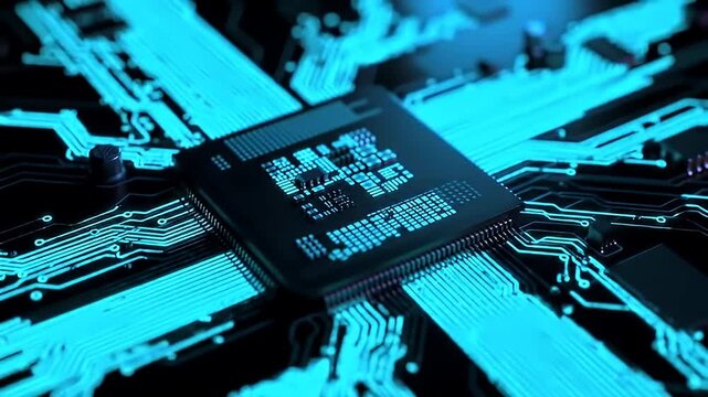 Glowing Blue Circuit Board Processor Chip Illustrating High Tech Computer Technology