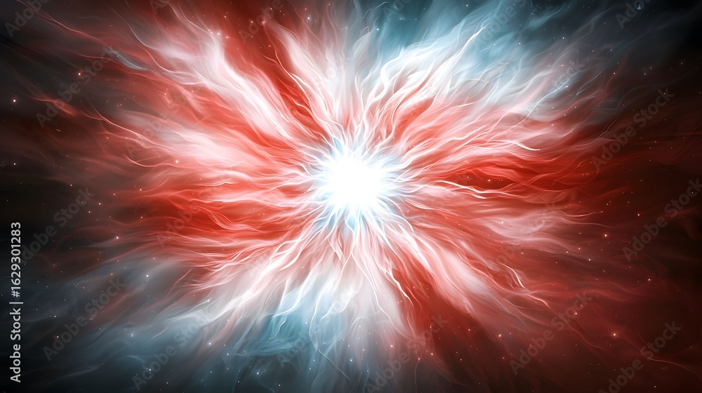 Poster the image showcases a vibrant, abstract burst emanating from a central white light, with dynamic str