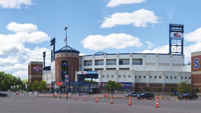 Syracuse, NY - Jul 21, 2025: 16:9 panoramic view of The Syracuse Mets play at NBT Bank Stadium, located in Syracuse, NY. The stadium underwent a $25 million renovation in 2023 with a capacity of 10815