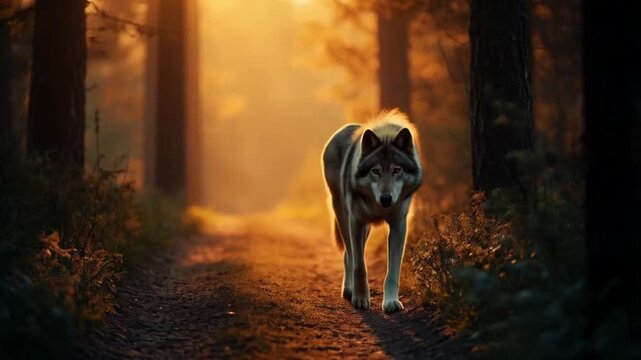 A wolf walking on a path through a forest at sunset with golden light shining through trees animal video