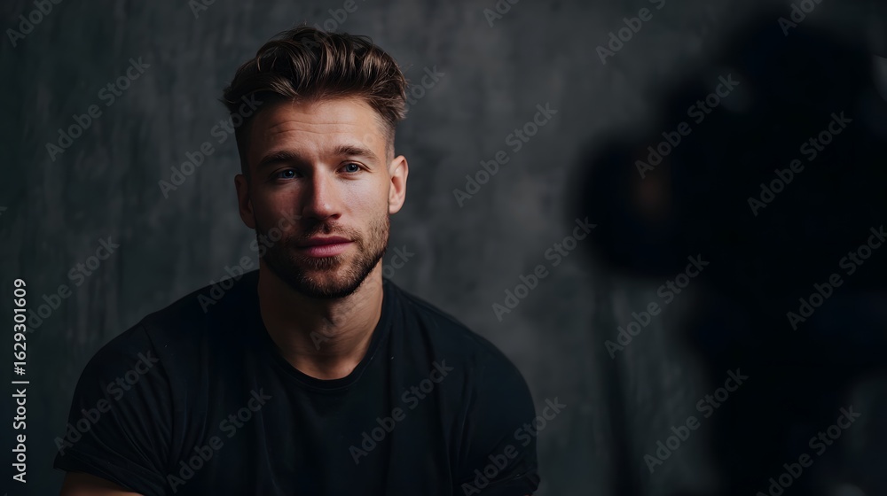 Poster a man in a studio with dramatic lighting and focus long title a focused moody portrait of a man in a