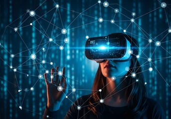 Woman immersed in futuristic virtual reality with glowing digital network