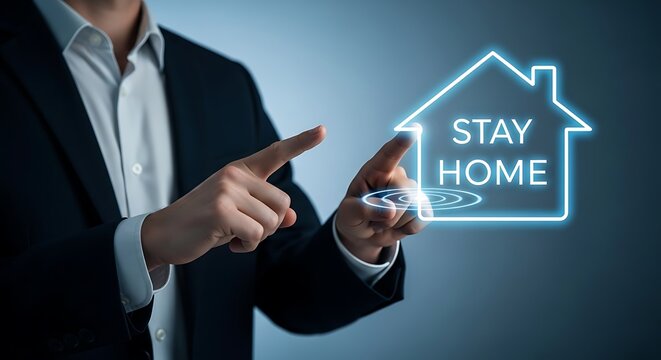 Businessman touches glowing house symbol with stay home message
