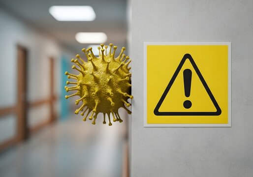 Yellow warning sign and coronavirus model in hospital corridor - Powered by Adobe
