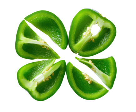 Four segments of a green bell pepper, arranged in a cloverleaf pattern