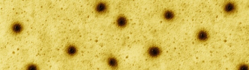 Close-up of a pale yellow surface with numerous dark, circular burn marks scattered across it. The texture is slightly grainy and uneven