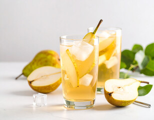 Fototapeta premium hilled pear juice in a clear glass with ice cubes, condensation visible, minimalist