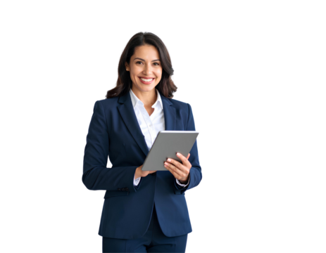 Confident executive manager in formal suit smiling while holding a tablet, isolated on transparent background