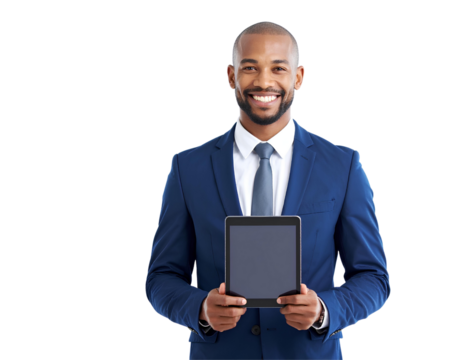 Confident executive manager in formal suit smiling while holding a tablet, isolated on transparent background