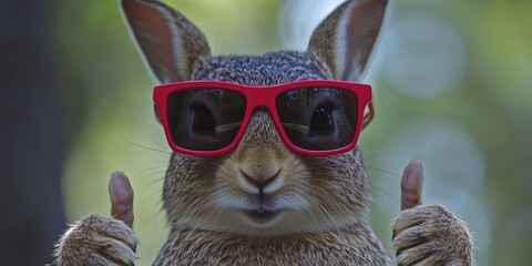 A brown rabbit wearing red sunglasses gives two thumbs up against a blurred green background
