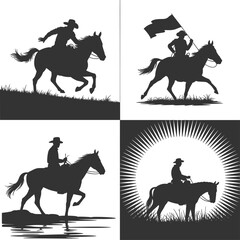 Silhouettes of Cowboys on Horses in Various Poses, Wild West Western Style, Horseback Riding, Cowboy Culture, Vintage Americana, Lone Rider, Desert Landscape, and Western Adventure Iconography, Black 