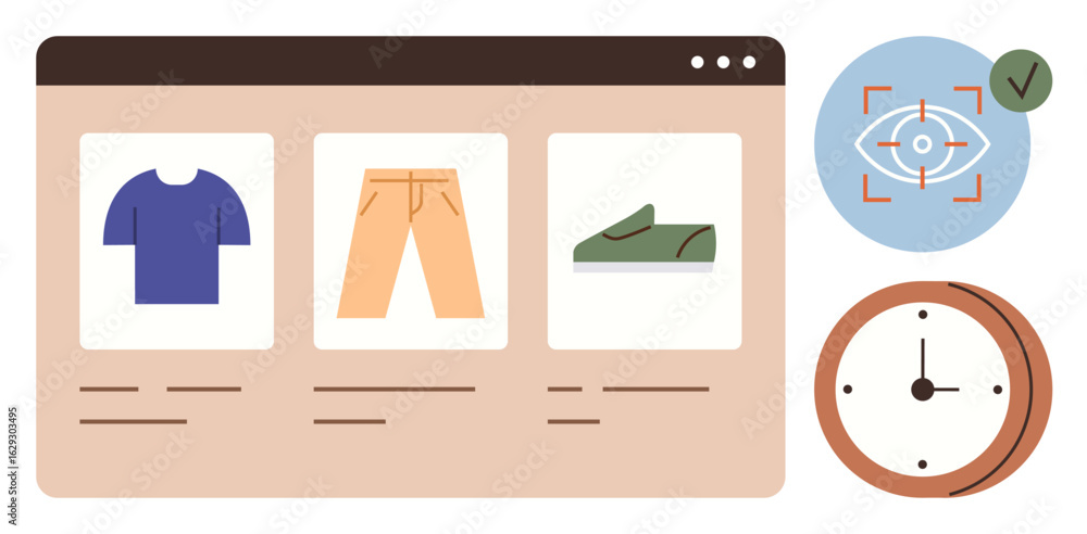 Poster webpage displaying clothing items with visual elements for focus, time, and confirmation. ideal for 