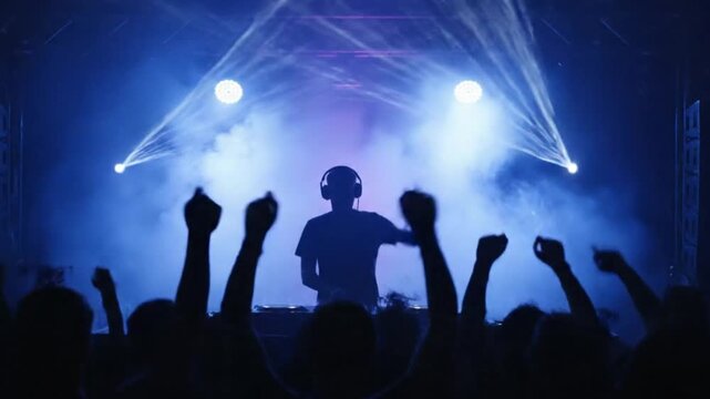 Silhouette of energetic DJ performing live on stage with lights smoke and cheering crowd at night club party event music concert festival rave entertainment and dance celebration