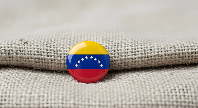A round badge displaying the Venezuelan flag with yellow, blue, and red stripes, and stars, on a textured beige fabric.