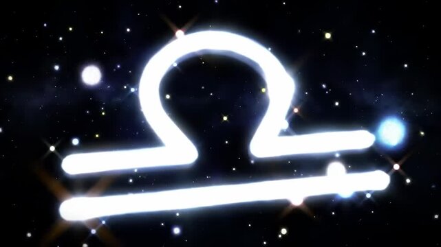 Glowing white libra zodiac symbol against a starry night background for digital design