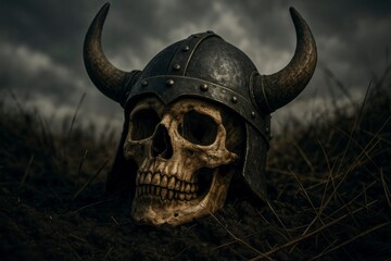 Viking Skull in Helmet on the Ground – Dark Historical Symbol