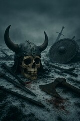 Viking Skull in Snow with Shield and Axe – Foggy Battlefield Remains
