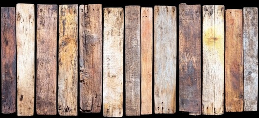 Collection of weathered, varied-toned wood planks arranged vertically against a black background, showing age, texture, and natural imperfections