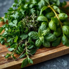 Fresh herbs on cutting board with vibrant colors and textures for culinary use