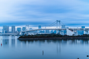 Skyline of Tokyo Rainbow Bridge before sunrise