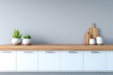 Light kitchen counter with plants and wood