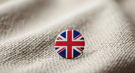 Union Jack button badge rests on textured fabric.