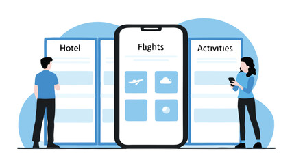 Obraz premium Illustration of a travel app with hotel flights and activities and people using the application interface