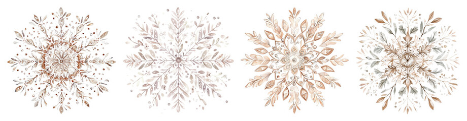 Four Delicate Watercolor Snowflakes With Intricate Floral Patterns Isolated On A Transparent Background Transparent Background