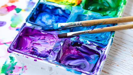 Obraz premium Palette with Paintbrushes Resting on Colorful Acrylic Paints in a Palette