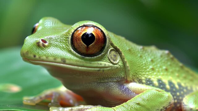 Close-up of a vibrant green tree frog with striking eyes, perched on a leaf in its lush natural habitat.