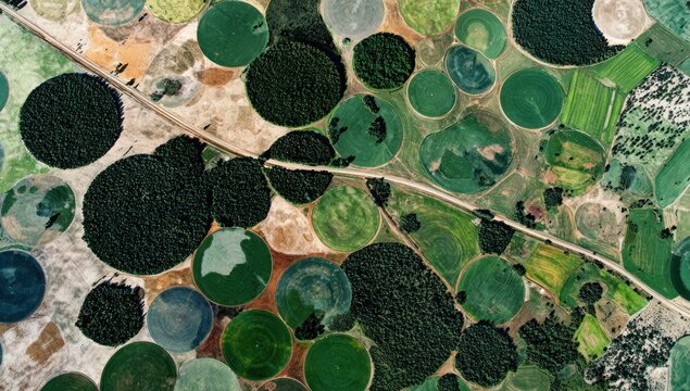 Vibrant Aerial Mosaic of Circular Farmland and Dense Forests Intersected by a Winding Road, Abstract Earth Art - Powered by Adobe