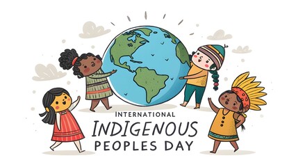 Diverse children from different cultures holding the planet earth together celebrating indigenous peoples day