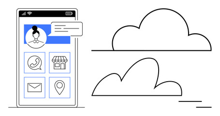 Smartphone screen displaying app icons and user profile with notification bubble next to outlined cloud shapes. Ideal for technology, mobile apps, communication, networking, cloud storage, remote
