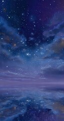 Naklejka premium Starry night sky reflected on a calm sea