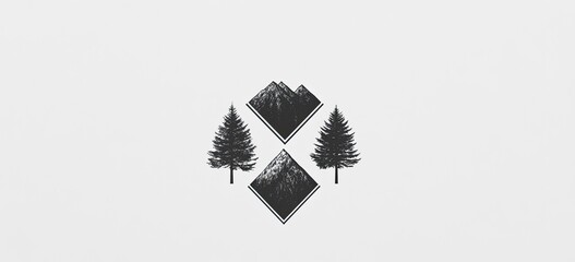 Minimalist design featuring two evergreen trees flanking a geometric mountain range motif against a light grey backdrop
