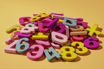 Vibrant Chaos of Colorful Wooden Numbers Piled on a Sunny Yellow Surface