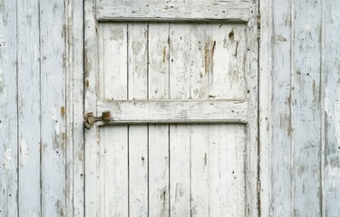 Weathered whitewashed wooden door with peeling paint, showing aged wood grain and rusty metal latch