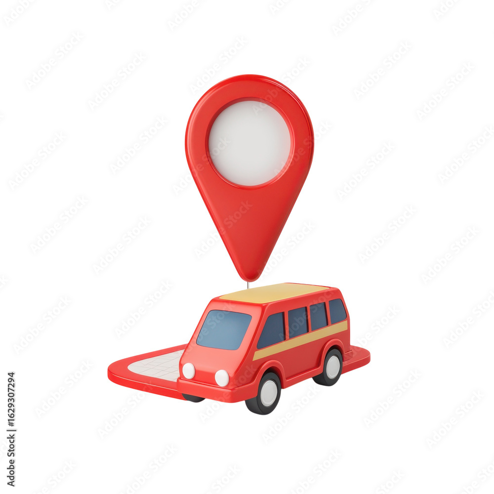 Poster red location pin above a red van on a map, 3d rendering for navigation, travel on transparent backgr